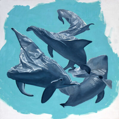 Cedric Chambers, Trash Dolphins, Oil on Panel, 14x14 inches, 2023